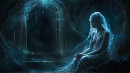 A shimmering phantom of immaculate plasma, ethereal tendrils dancing in the still, a vision of otherworldly beauty captured in a digital painting. The ghostly figure glows with a radiant purity, casti