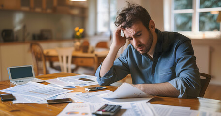 a worried man examining financial documents at home, reflecting on broken finances, bills, and credit issues. - obrazy, fototapety, plakaty