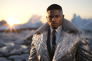 successful fashionable African businessman among the ice of Iceland against the backdrop of a sunset