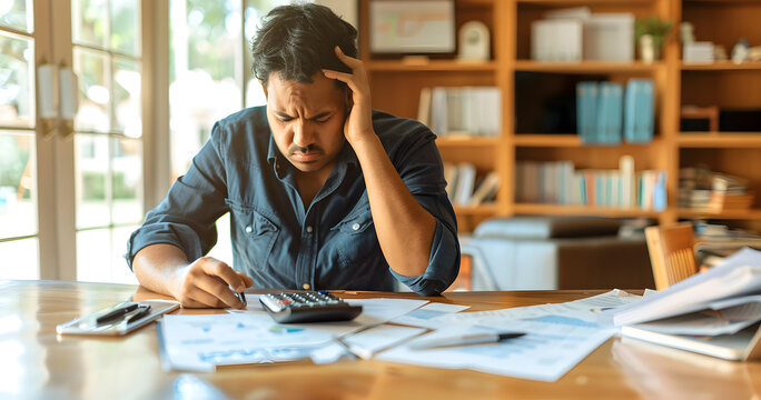 a worried man examining financial documents at home, reflecting on broken finances, bills, and credit issues.