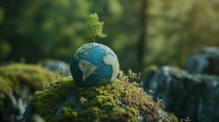 Obraz na płótnie Canvas A globe placed and surrounded by green natural plants symbolizes the concept of loving the earth.