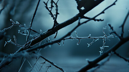  a close up of a tree branch with ice on it's branches and snow flakes on the branches.