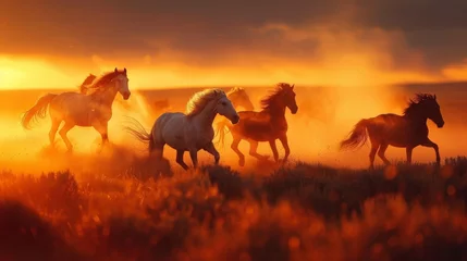 Fototapeten Three silhouetted horses gallop through a vibrant landscape of fiery red and orange hues, evoking a sense of wild freedom © Amil