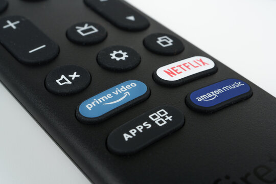 Remote for Amazon Fire TV Stick 4K MAX 2023 and dedicated buttons for Prime Video Netflix Amazon Music. Stafford, United Kingdom. March 24, 2024.