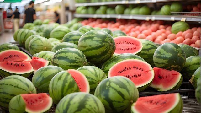 a heap of watermelons in the supermarket