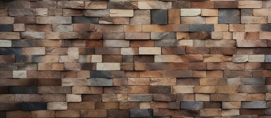 A closeup of a brown wooden wall constructed with rectangular hardwood blocks, resembling brickwork. The beige brick flooring made of composite material complements the natural wood tones - obrazy, fototapety, plakaty