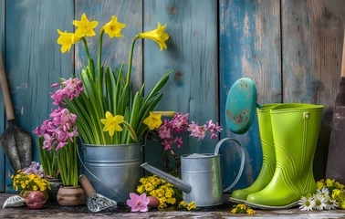 Fototapeten Gartenszene mit bunten Frühlingsblumen, einer Gießkanne und grünen Gummistiefeln auf einem Holzhintergrund, Textfreiraum © GreenOptix