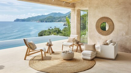 Obraz premium a living room filled with furniture on top of a hard wood floor next to a large window overlooking a body of water.