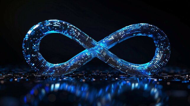blue infinity symbol made of glowing binary code particles, on black background.