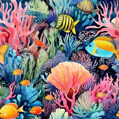 Fototapeta na wymiar Coral reef teeming with life, watercolor illustration seamless pattern