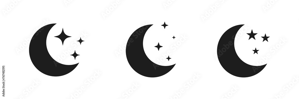 Poster half moon stars icon. crescent moon, shine and sparkle stars vector icon sign - night or dark mode i