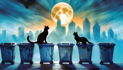 Silhouettes of cats at night in trash cans.
