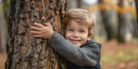 Young child hugging a tree on earth day