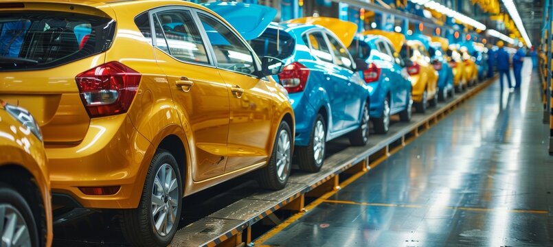 Diverse workers maintain precision on car assembly line in modern, detail oriented factory setting