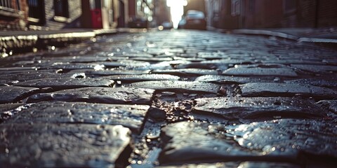 Closeup of a dilapidated road with cracked pavement and potholes  - obrazy, fototapety, plakaty