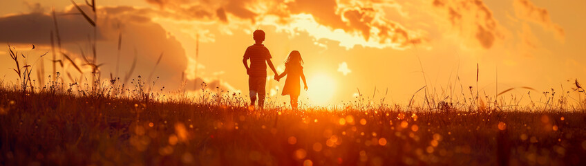 Silhouette of two children walking hand in hand among wild rural field under sunset golden light