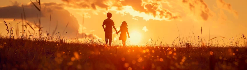 Meubelstickers Silhouette of two children walking hand in hand among wild rural field under sunset golden light © LorenaPh