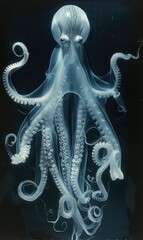 A blurry x-ray image of a translucent octopus floating in water and has tentacles hanging down at its sides. AI illustration