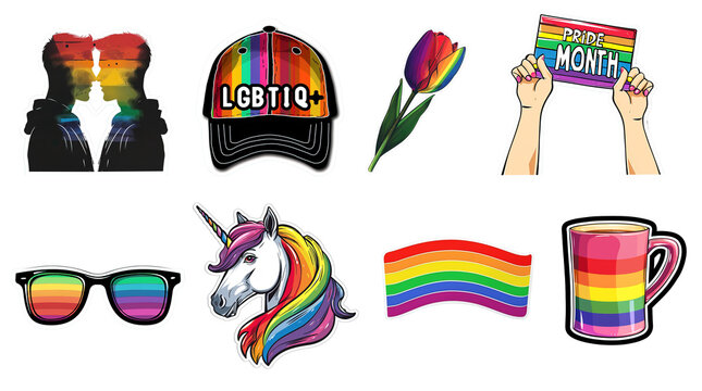 Set of stickers for pride month, lgbt community concept over isolated transparent background