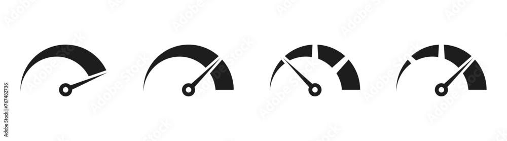Poster Speedometer icon, tachometer icon. Speed indicator icon set. Rating meter signs performance concept. Dashboard level scale icon. vector illustration