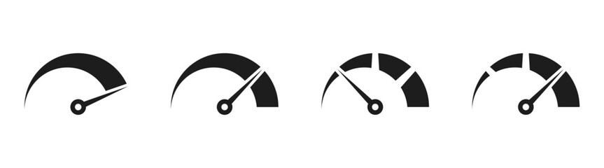 Speedometer icon, tachometer icon. Speed indicator icon set. Rating meter signs performance concept. Dashboard level scale icon. vector illustration - obrazy, fototapety, plakaty
