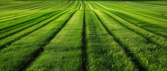 This image showcases a meticulously maintained green field with neatly mowed grass.  - obrazy, fototapety, plakaty