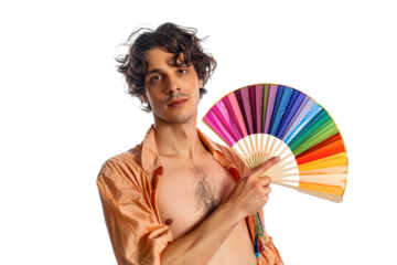 Caucasian young man holding rainbow hand fan posing with open shirt over isolated transparent background. LGBT community and pride month concept