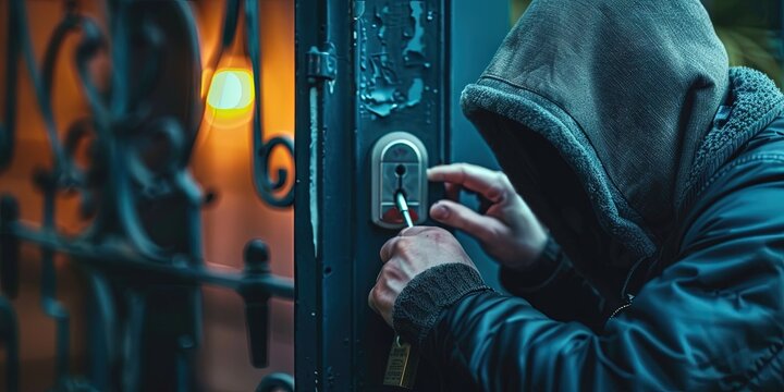 A criminal picks a lock to break into a house