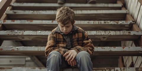Domestic abuse and child abuse concept with depressed young boy sitting on stairway after being bullied - obrazy, fototapety, plakaty