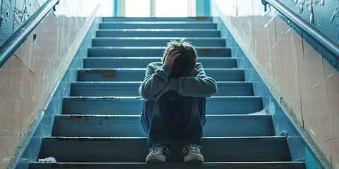 Domestic abuse and child abuse concept with depressed young boy sitting on stairway after being bullied