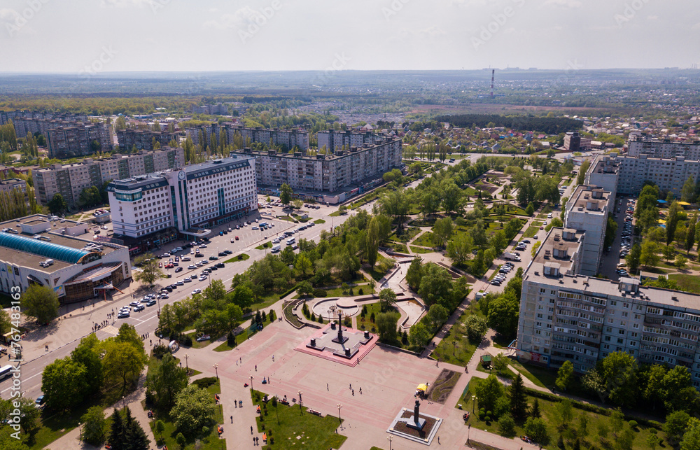 Wall mural scenic view from drone of modern cityscape of russian city of stary oskol ..