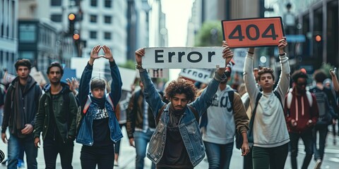 Crowd of protestors holding "404 ERROR" sign