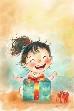 Colorful illustration of happy baby toddler opening gift box for Children's Day