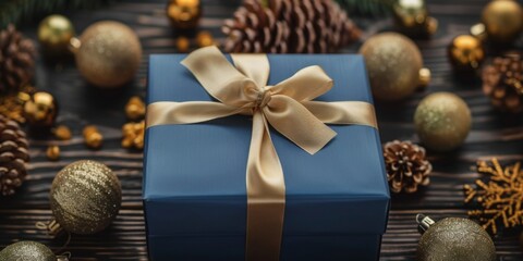 Festive Holiday Gift Box With Golden Ribbon and Christmas Ornaments on Wooden Background