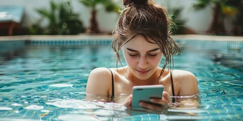 Woman using smartphone in the swimming pool