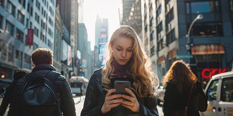 Woman using smartphone in the city - obrazy, fototapety, plakaty