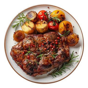 Top view of roasted meat with with vegetables on plate isolated on transparent background.