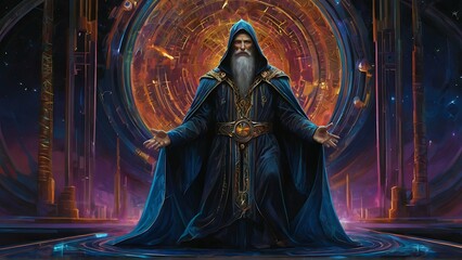 A technologically-enhanced sorcerer hovers amidst swirling galaxies in an acrylic painting. The main subject is a wizard-like figure surrounded by futuristic machinery and cosmic energies. - obrazy, fototapety, plakaty