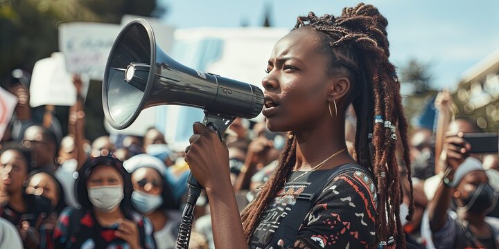 Woman with a megaphone during protest - activism and feminism social justice concept