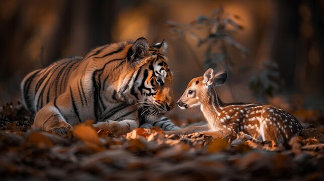 Tiger and deer peacefully coexist in sunlit forest, symbolizing unity for conservation