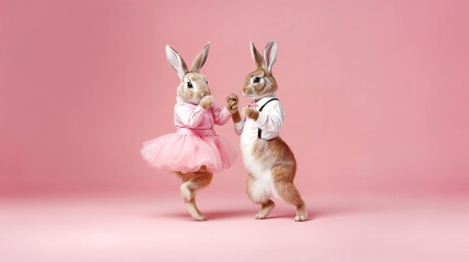 two anthropomorphic rabbits dance rock'n roll, isolated on pink background