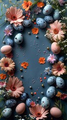 Top down view of an Easter border frame of robin's eggs and flowers on dark blue background, copy space in the middle. AI generated
