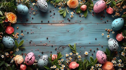 Top down view of an Easter border frame of robin's eggs and flowers on wooden background, copy space in the middle. AI generated