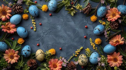 Top down view of an Easter border frame of robin's eggs and flowers on dark background, copy space in the middle. AI generated