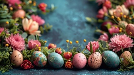 Top down view of an Easter border frame of robin's eggs and flowers on marble background, copy space in the middle. AI generated