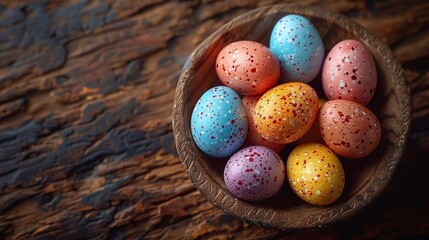 Easter eggs in bowl on wooden background. Copy paste. top view. AI generated banner