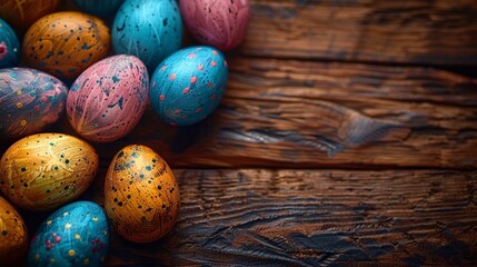 Easter eggs on wooden background. Copy paste. top view. AI generated banner