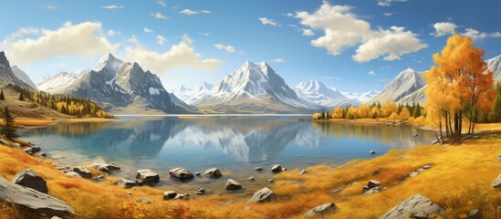 A mesmerizing painting depicting a serene lake surrounded by majestic mountains under a sky filled with fluffy clouds, showcasing the beauty of natural landscape