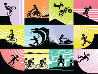 Extreme sports icons. Pictograms depicting riders of bicycles, motorbikes, scooters, rollerblades and skateboards.