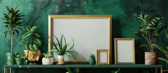 Living room interior design featuring a gold mock-up photo frame on a green shelf adorned with stylish plants in various hipster pots, elegant personal accessories, and a home jungle theme template.